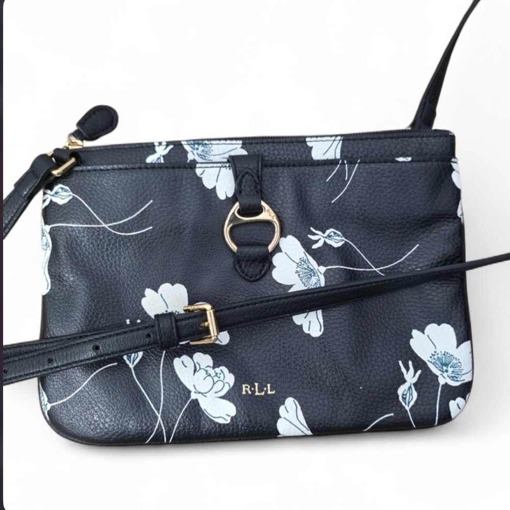 Lauren Ralph Lauren RLL Floral Crossbody Bag Black White Gold Hardware